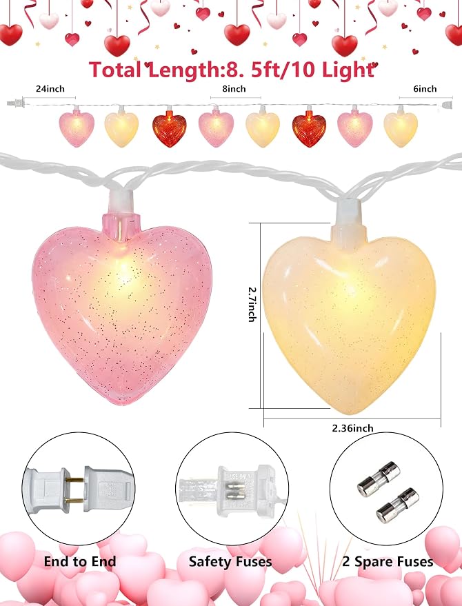 8.5ft Valentine’s Day Heart String Lights Plug in, Valentines Decoration | 10 LED Red Pink White Shatterproof Bulbs, Indoor Fairy Lights for Home Decor Wedding Outdoor Party, Warm White