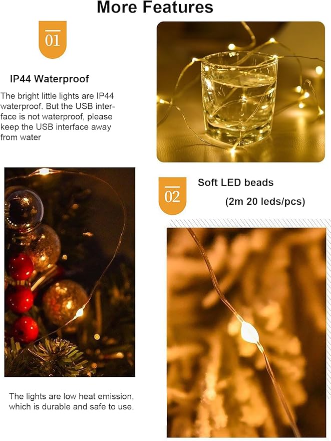 Sokelinn-six 2m 20 LEDs Fairy String Lights, USB Powered String Light for Desk Office Christmas Tree Party Decoration (Warm, 5)