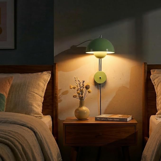 Mid-Century Modern Bud Plug in Wall Sconces for Bedroom, Pastel Green | Indirect lighting reading wall lamp, all-metal construction, plug-in or hardwired install, fits bedroom bedside, living room