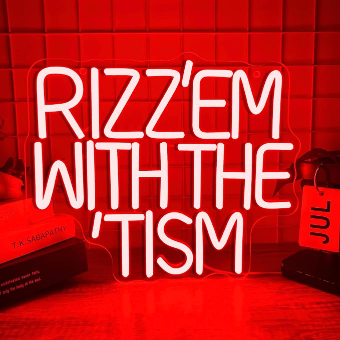 Rizz 'Em With The Tism Neon Signs for Wall Decor,Dimmable Autistic Humor Autism Awareness Neon Light,USB Neon Light for Man Cave Bedroom Kid Classroom Birthday Party Gifts (12.9 * 11in)
