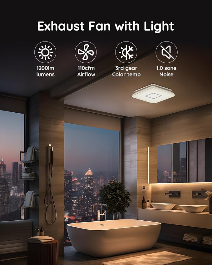 Fitop Bathroom Fan with Light，110CFM 1.0 Sones 1200lm LED Light 3000K/4000K/5000K Selectable，120V 43W Quiet Bathroom Ventilation Exhaust Fan for Shower/Restroom/Office/Home(silver)