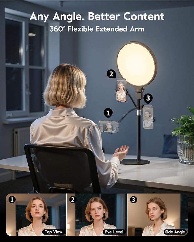 1300 Lumens Ring Light with Stand for Desk, Computer & Laptop – Podcast & Streaming Light with Flexible Phone Holder, CRI 98+ Bright Yet Soft Influencer Light for Video Recording, Conference & Calls