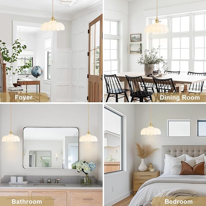 3 Pack Glass Pendant Lights Kitchen Island, Vintage Brass Pendant Light Fixtures, Adjustable Milk White Kitchen Pendant Lighting Over Island for Bedroom Living Room Hallway Dining Room