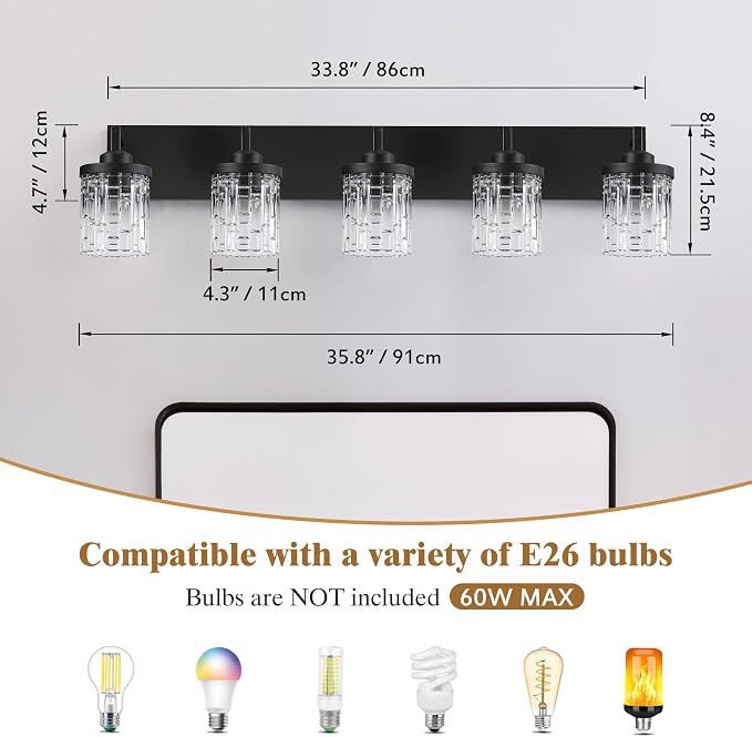 maesta Black Bathroom Light Fixture,5 Light Modern Vanity Light Over Mirror | Modern Vanity Light, Black Metal & Crystal Glass Fixture, Anti-Rust, Easy to Install for Bathroom Hallway Bedroom Entryway