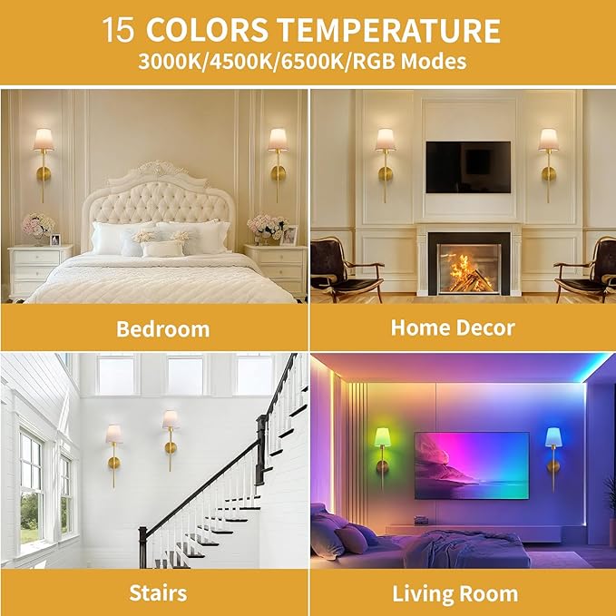 Battery Operated Wall Sconce Set of 2, Gold Rechargeable Wireless Wall Lights with Remote - 5000mAh Dimmable RGB Bulbs | 15 Color, Cordless Wall Lamps for Bedroom, Living Room, Hallway Decor