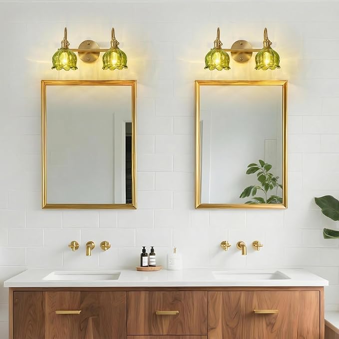 2-Light Vintage Bathroom Light Fixtures, 14.5" Hardwired Vanity Lights with Green Tulip Glass Shades, Brushed Gold Antique Wall Lights for Mirror Restroom Bedroom Living Room(Bulbs Not Included)