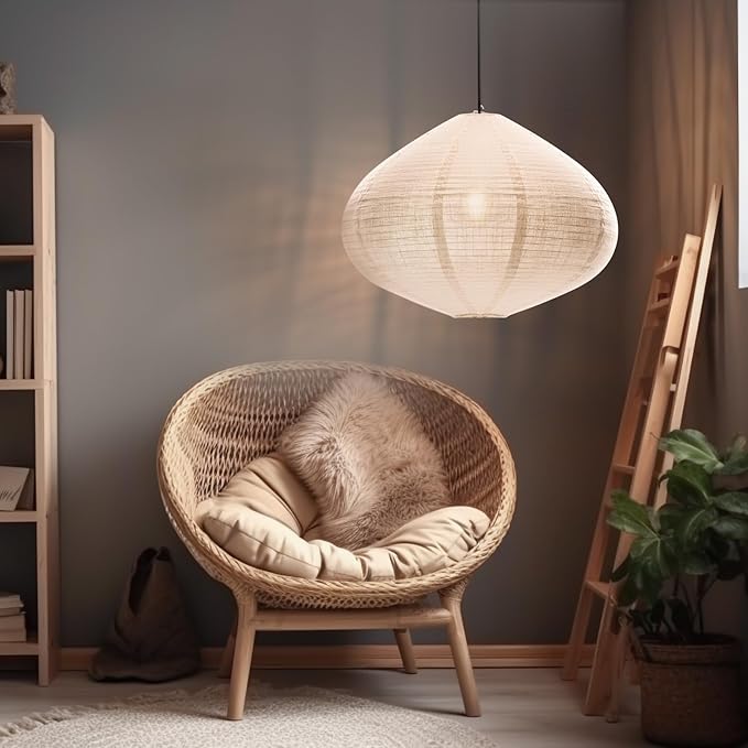 Hanging Lamp shade Oval 20INCH White Linen Pendant Light shade | Can replace paper lantern Handmade Minimalist Hanging Lantern Suitable for the Living room Hallway Bedroom and Kitchen
