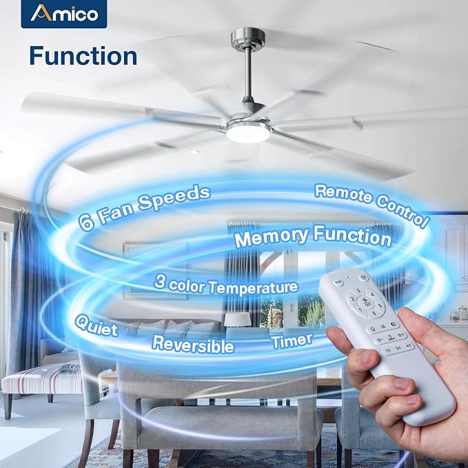 Amico 66 Inch Ceiling Fans with Lights and Remote, Nickel | 6 Speed Reversible DC Motor, 3CCT, Dimmable, Quiet, Timer, Large Modern Ceiling Fan for Living room, Indoor/Outdoor