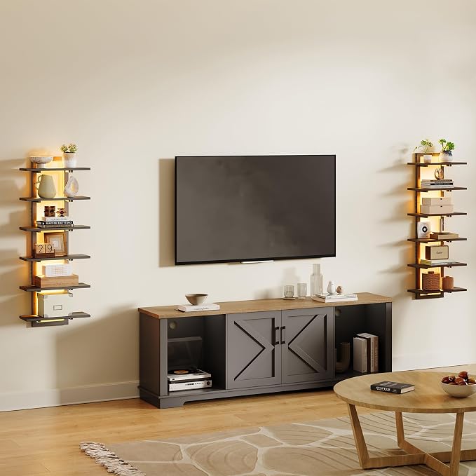 6 Tier Wall Shelf Unit Floating Shelves with LED Light, Vertical Wall Shelf, Wall Mounted Display Shelf for Living Room, Bedroom, Vanity, 15" W x 5.9" D x 43.3" H, Black
