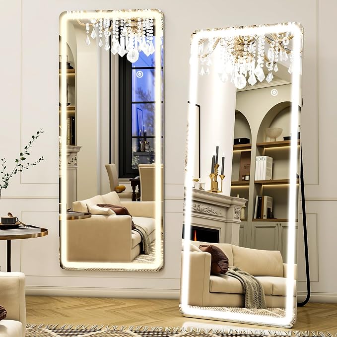 Easly 21"x56" Rectangular Full Length Mirror with LED Lights, Standing or Wall-Mounted Full Body Mirror with Stand, Dimmable 3-Color Lighted Floor Mirror for Bedroom, Dressing Room, Cloakroom