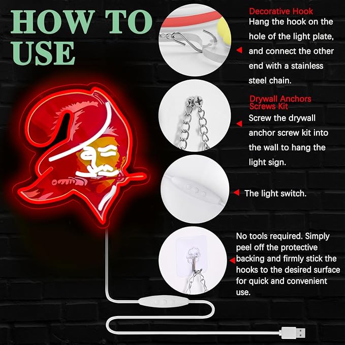 Buccaneers Football Neon Signs Led Sign for Wall Decor Rugby Team Light Up Sign Suitable for Man Cave Office Bar Pub Wall Art Gifts for Teen Boys