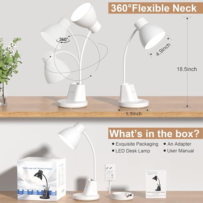 10W Wireless Charging LED Desk Lamp with Pen Holder, CRI 95, White | 800LM, 3 Modes, 360°Flexible Arm, Touch, Brightness, Table Lamp for Home Office, Dorm, Bedside, Study, Reading, with Adapter