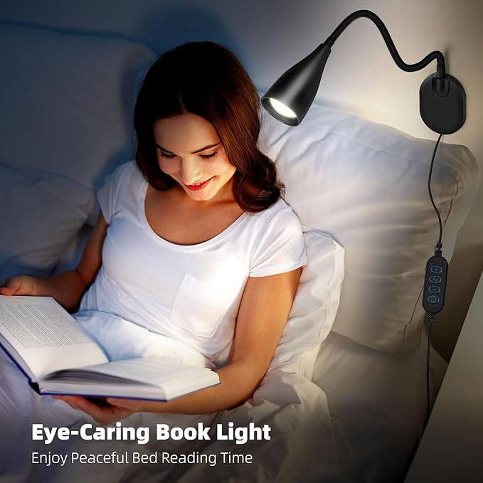 Wall-Mounted LED Bedside Reading Light with USB Charging Port, 10-Level Dimmable & Adjustable 5 Color, Plug-in Adhesive Night Lamp for Books in Bed, Eye-Caring Bedroom Lighting (Black 2 Pack)