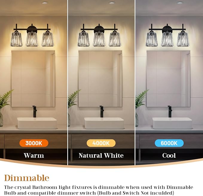 Crystal Bathroom Light Fixtures Over Mirror, Black 3-Light Bathroom Vanity Lights Over Mirror Modern Wall Lighting Sconces with Ceramic E26 Base (Bulbs Not Include)
