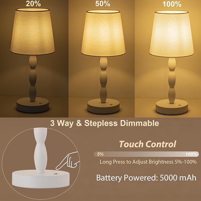 Rechargeable Cordless Table Lamp, 5000mAh Battery Powered Touch Desk Lamp, 3-Level & Stepless Dimmable Night Light, Portable Bedside Lamp for Bedroom, Outdoor, Bulb Included, White