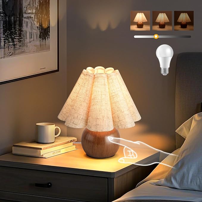 Wood Grain Touch Control Table Lamp for Bedroom,Farmhouse Cute Small Table Lamp for Bedroom Nightstand, Mini Vintage Bedside Lamps with Scalloped Shade for Small Spaces, Kitchen Counter, Bookshelf