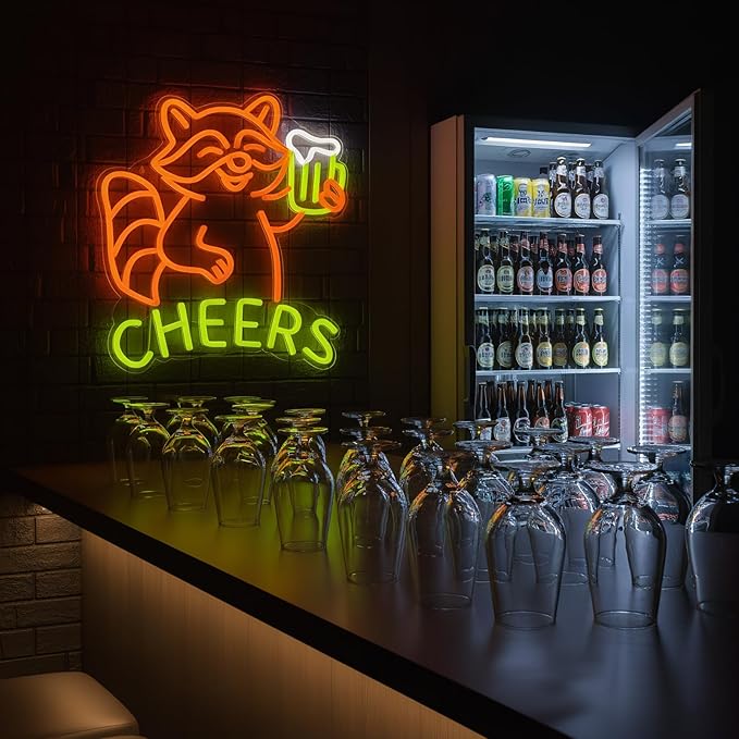 Raccoon Beer Neon Sign, Fun Animal LED Light for Bar Wall Decor, Dimmable Neon Sign for Man Cave, Bedroom, Game Room, or Home Bar, 15 x 13 inch