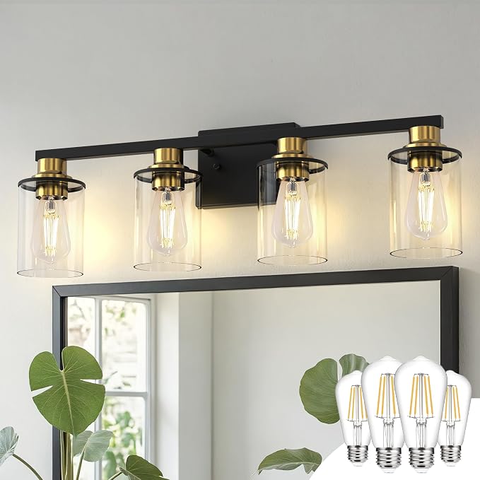 4-Light Black and Gold Bathroom Light Fixture with 4 Bulbs | Modern Vanity Mirror Light, Black Gold Vanity Light Fixture With Glass Shade and Bulbs, Wall Sconce for Bedroom Hallway