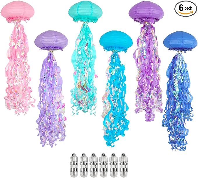 Jellyfish Paper Lanterns with LED Lights Set of 6, Multicolor Oval Hanging Floating Decorations for Under The Sea Party Mermaid Birthday Ocean Classroom Beach Room Aesthetic