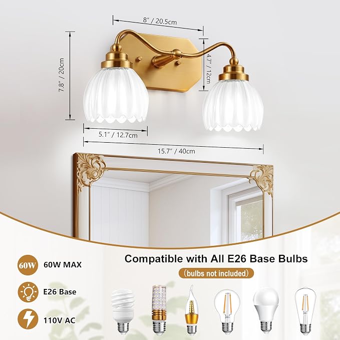 Vintage Gold Vanity Lights, 2 Light Milk White Tulip Crystal | Antique Brass Finish, Brushed Gold Bathroom Light Fixtures, Wall Sconce Ideal for Bedroom, E26 Compatible, Easy Install