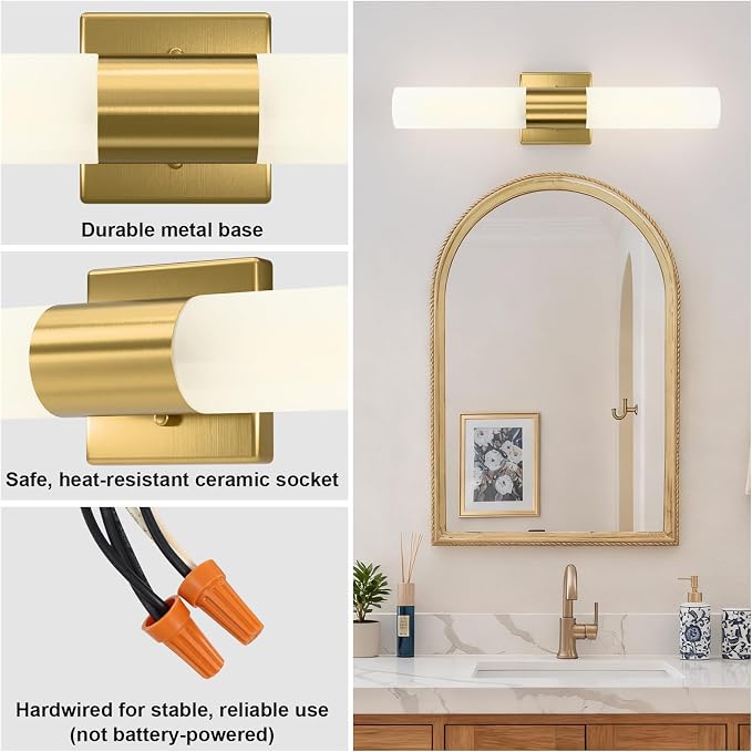 Wall Sconces Set of Two, Modern 21" Vanity, Frosted Glass, Gold | Indoor Wall Light Fixture. For Bathroom, Mirror, Bedroom, Living Room, Hallway. Mounting Hardware Included. Easy To Install.