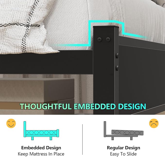 CSZZD Twin Size Bed Frame with Storage Headboard and LED Lights | Twin Bed with Charging Station & Storage Shelves, Black Metal Platform Bed with Under-Bed Storage, No Box Spring Needed