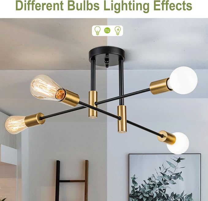 4-Light Black Modern Sputnik Chandeliers, Gold Semi Flush Mount Ceiling Light Fixture, Mid Century Farmhouse Kitchen Lighting Fixtures Ceiling Mount for Living Room Dining Room Bedroom