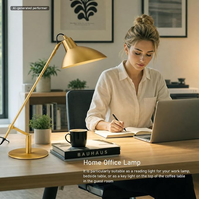 Desk Lamp Modern Industrial 100% Metal Adjustable Table Lamp 24", Natural Light (4000K) with Dimmer, Ideal for Office Bedroom Study Room Living Room Nightstand Bedside Lamps Brass