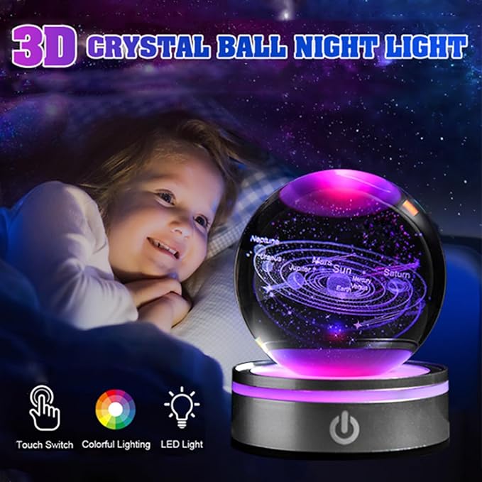 Solar System 3D Crystal Ball with LED Stand, 80mm Galaxy Model Decor Glass Sphere Lamp Night Light, Space Universe Astronomy Gifts for Women Men Mom Kids