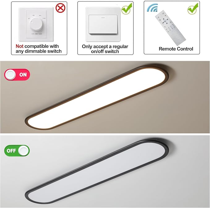 55.1" High Brightness Linear LED Ceiling Lamp, 60W Dimmable Low Profile Flush Mount LED Flat Panel Long Ceiling Light Fixture for Kitchen Office Laundry Shop, Black