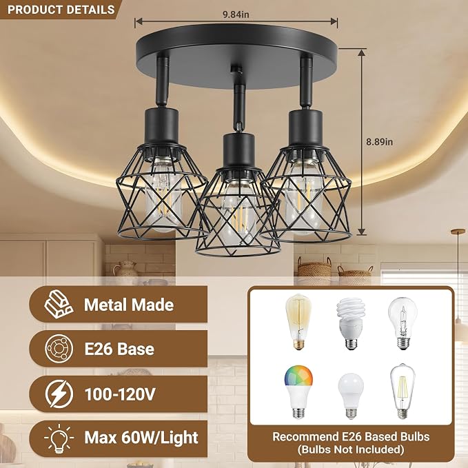 LOUSACE 3-Light Track Lighting with Rotatable Light Head, Black Track Lighting Fixtures Ceiling Industrial Kitchen Round Ceiling Spotlight with Metal Cage for Home Dining Room Hallway