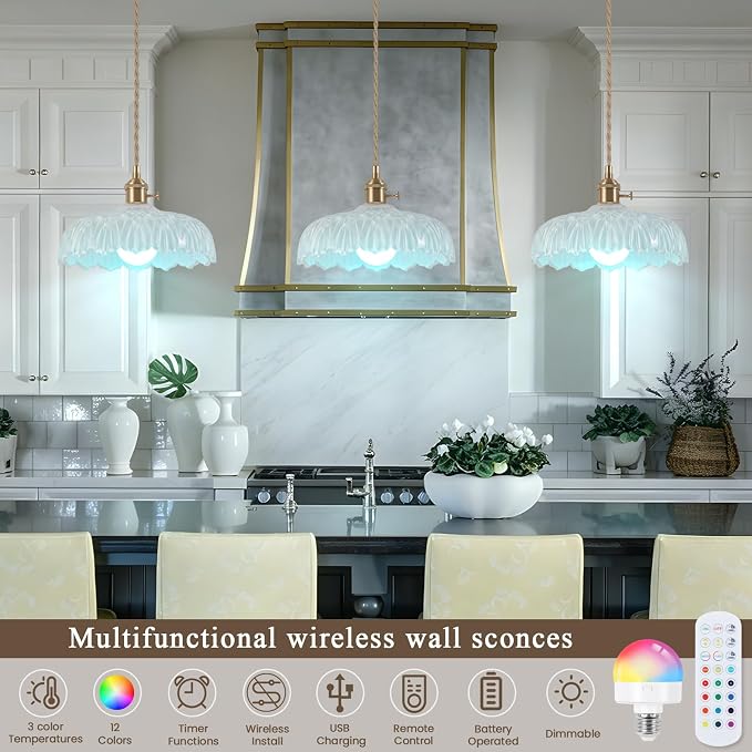 Battery Operated Pendant Light,Vintage Light Fixtures RGB Light Bulb 2500mAh 9.4in White Modern Chandelier with Remote Control Wireless Adjustable Rechargeable Chandelier for Kitchen Island 1Light