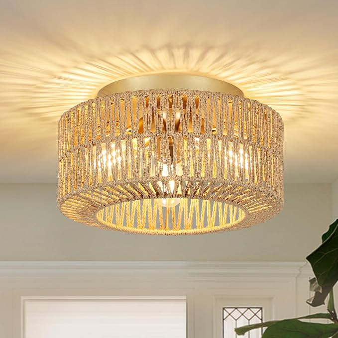 PAUFUL Boho Light Fixtures, 3-Light Farmhouse Rattan Ceiling Light, Flush Mount with Hand-Woven Shade, Modern Chandelier for Living, Bedroom, Entryway, Kitchen, Nursery