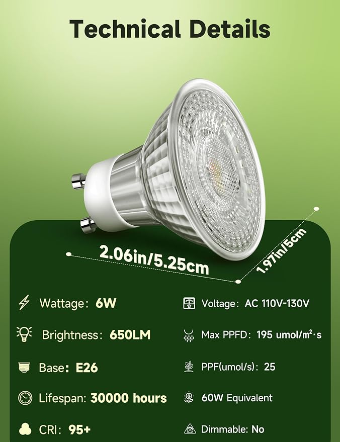 GU10 Grow Light Bulb:6W LED Natural White 4000K 3 Pack | Full Spectrum Plant Grow Lights, Plant Light for Indoor Plants, Grow Lamp for Low Light Plants, Small Plant Pots