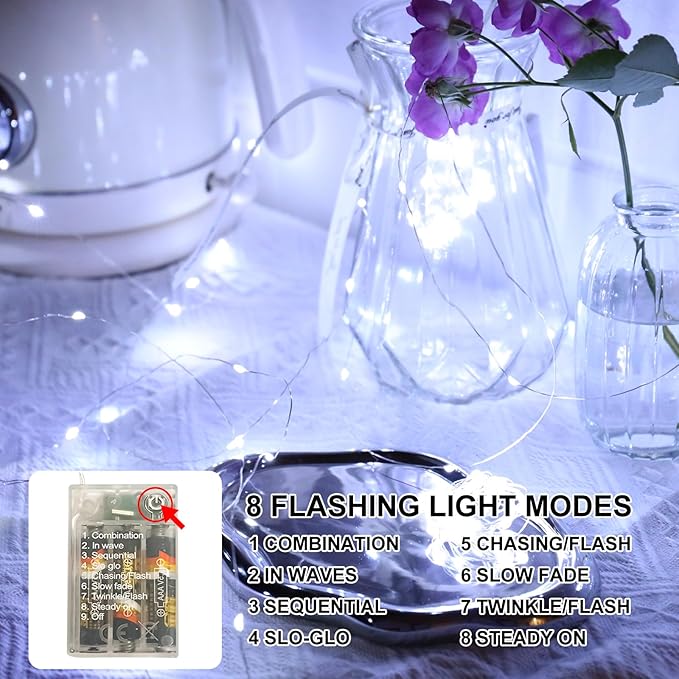 White Fairy Lights Battery Operated (Included), 8 Modes & Auto Timer, 16FT 50Led Mini Twinkle Silver Wire Firefly Starry Lights, Waterproof Battery Operated Lights for Mason Jars Bedroom