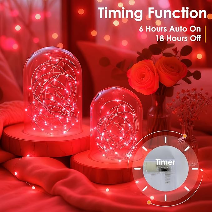 kolpop 5 Pack Fairy Lights Battery Operated with Timer, 50 LED Mini String Light Battery Powered, Red Tiny Lights for Indoor Wedding Decorations