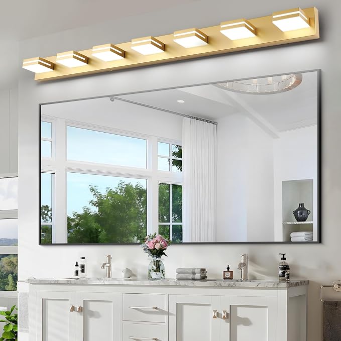 SineRise LED Modern Bathroom Vanity Light Fixtures, Modern Acrylic Bathroom Wall Lighting Fixtures Over Mirror, 7-Light, 55-Inch, Gold, 100%-0% White