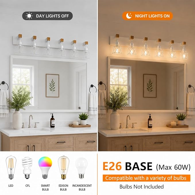 Farmhouse Vanity Light Fixture,6-Light Bathroom Lighting,White Modern Wood Wall Light Over Mirror with Metal Shade,LED Bulbs Not Included
