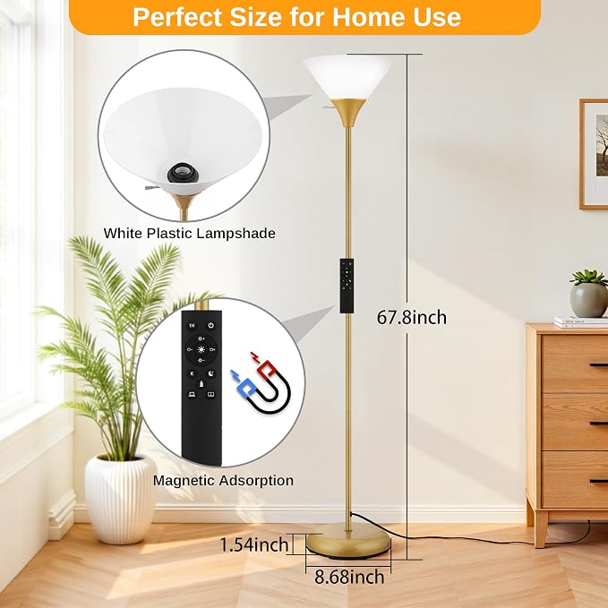 Coucrek Floor Lamp for Living Room, Torchiere Standing Light | Remote Control Stepless Dimmable Brightness & Color Temperature, 9W LED Bulb Included, Tall Lamp for Bedroom, Office, Dorm