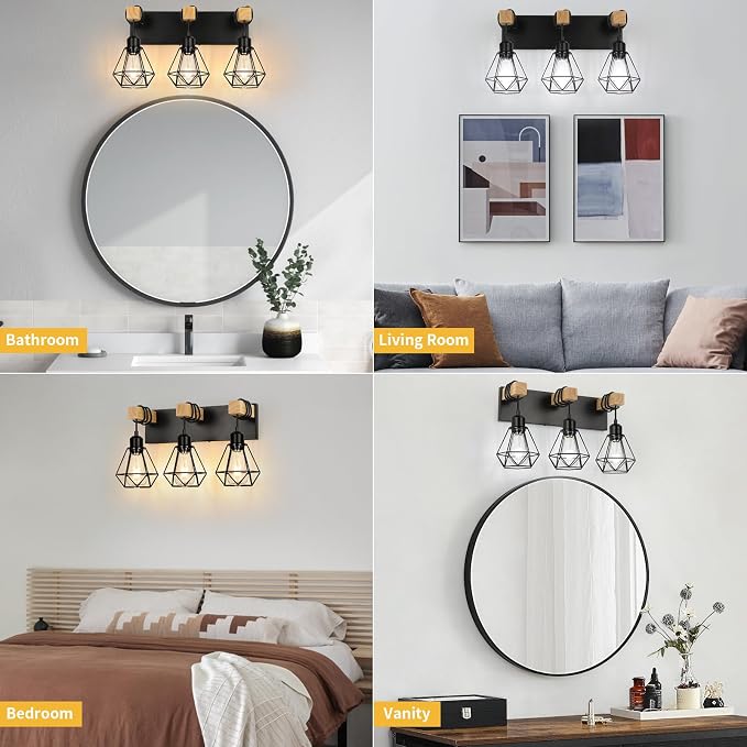 foucasal 3-Light Farmhouse Vanity Lights, Rustic Wood Bathroom Light | Black Metal Cage & Wood Vanity Light Fixtures Over Mirror, Wall Sconce Lighting for Bathroom Bedroom Hallway Living Room