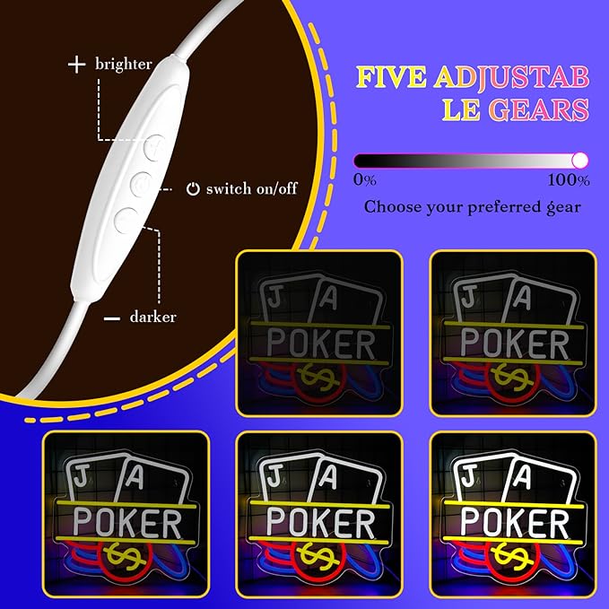 Poker Neon Sign, Playing Cards LED Neon Light for Wall Decor Dimmable Casino Neon Lights for Man Cave, Bar, Bedroom, Hotel, Game Room, Casino Party Decorations Gift