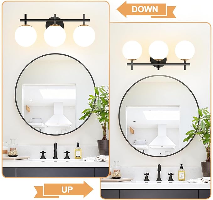 3-Light Bathroom Light Fixtures, Black and Gold Vanity Lights for Bathroom with Milky White Glass Shade, 18.9 inch Bathroom Lighting Fixtures Over Mirror, Compatible with G9 Bulbs (Bulb Not Included)