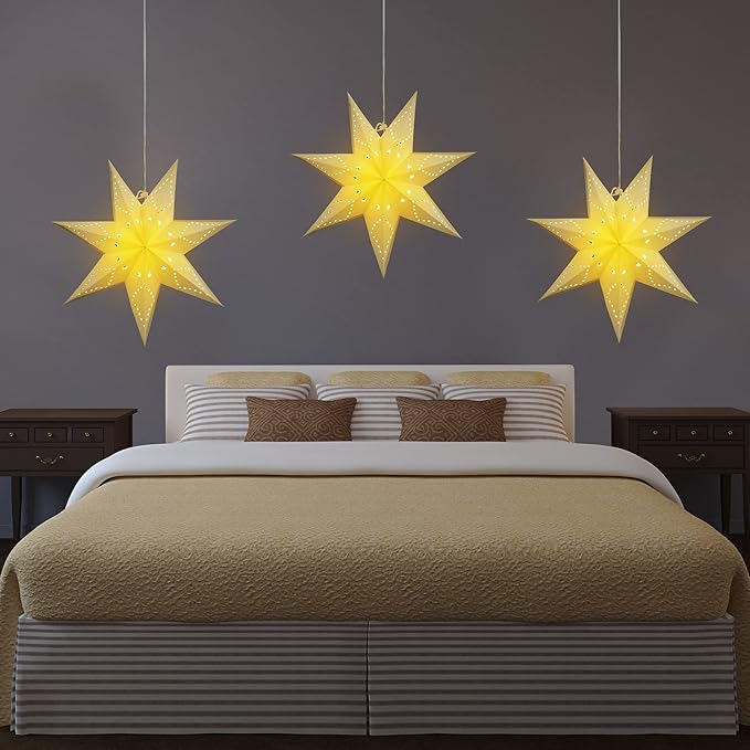 Large Paper Star Lanterns with Lights 3D 7 Pointed Christmas Paper Lanterns 3Pcs Foldable Decorative Christmas Hanging Decorations for Xmas Birthday Holiday Wedding Home Decor New Year Party