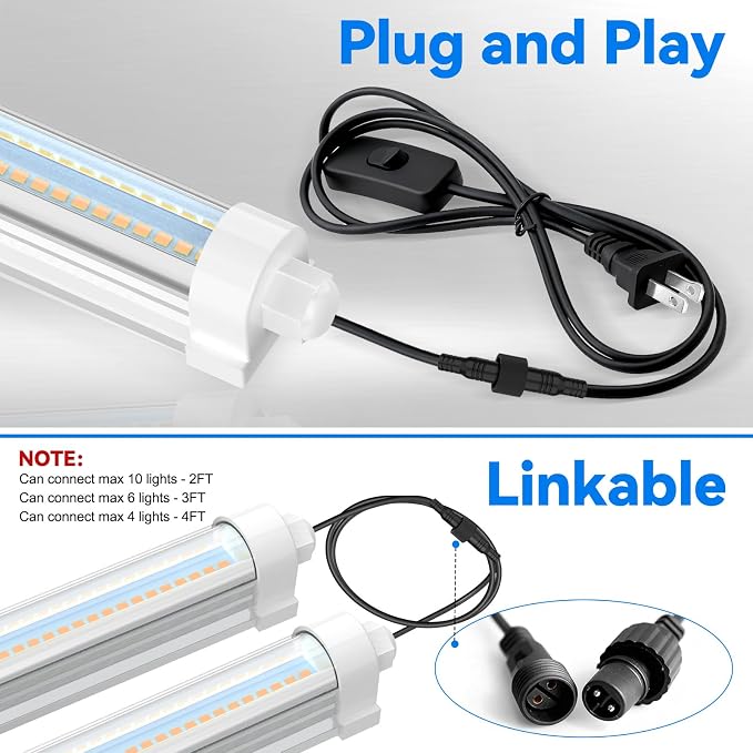 JESLED Waterproof T8 Grow Lights, 4FT 5000K Full Spectrum Daylight, 6Packs | 288W(6 X 48W)1800W Equivalent, V-Shaped Beam, On/Off Switch, Linkable Plant Light Strip for Greenhouse, Shelf, Indoor Outdoor