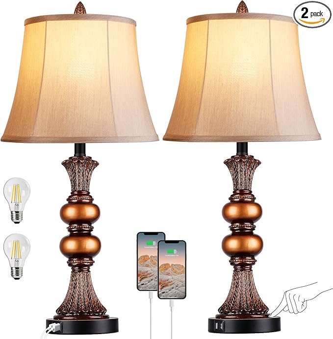 Set of 2 Touch Control Traditional Table Lamp, 27"H Bedside Lamps with 2 USB Charging Ports, 3-Way Dimmable Bronze Finish Large Nightstand Lamps with Bell Faux Silk Shade for Living Room, Bedroom