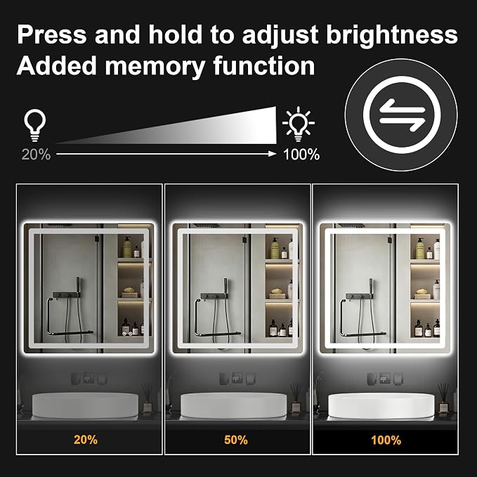 LED Bathroom Mirror with Lights, 30 x 30 Lighted Vanity Wall Mirror | Backlit and Frontlit, Anti-Fog, Dimmable 3 Colors, Shatter-Proof Tempered Glass, Memory Function, Plug-in/Hardwired