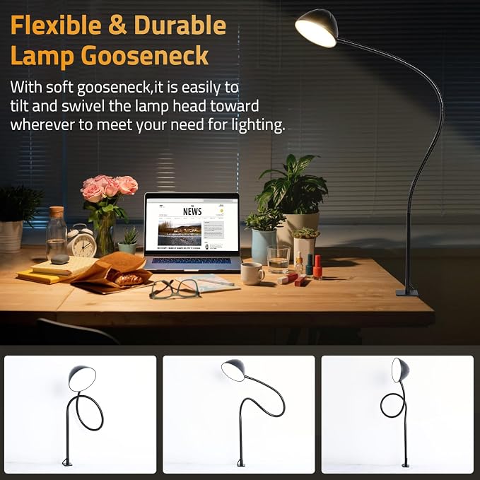 Long Gooseneck Clamp Lamp, Clip Desk Lamp with Clamp, 10W, 1100 LMS, 3 Color Modes, 10 Brightness Levels, 31 Inches Long Flaxible Gooseneck, Perfect for Craft, Reading, Home, Office