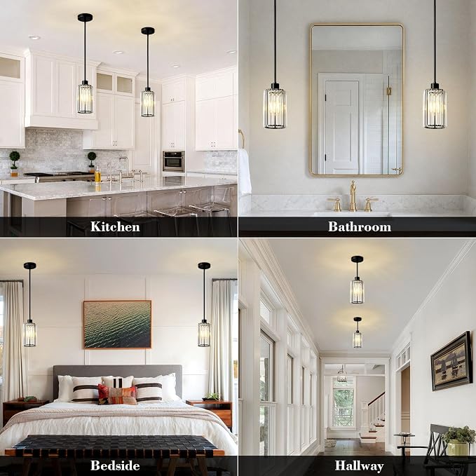 5.1" Mini Modern Black Crystal Kitchen Island Pendant Lights 2 Pack | Small Crystal Glass Shade, Sparkling Crystal Reflections, Customizable Hanging Height, Fits Most Ceilings, Matte Black Finish