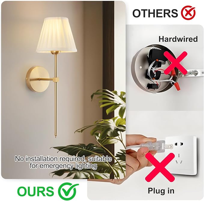 Cordless Battery Operated Wall Sconces Set of 2, Rechargeable Wall Sconce with Remote, Fabric Shade Wireless Wall Sconce Fixtures for Bedroom, Living Room, Bedside (2 Bulbs Included)