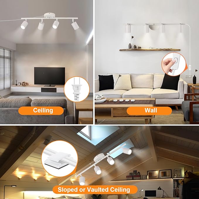 Plug in Track Lighting Kit, 80cm LED 4 Light Kitchen Track Lighting, Corded Wall Light with 16.4ft Cord, 4 Way Ceiling Spot Lighting Flexibly Rotatable Head Includes 4 x GU10 Bulb (4-White-80cm)